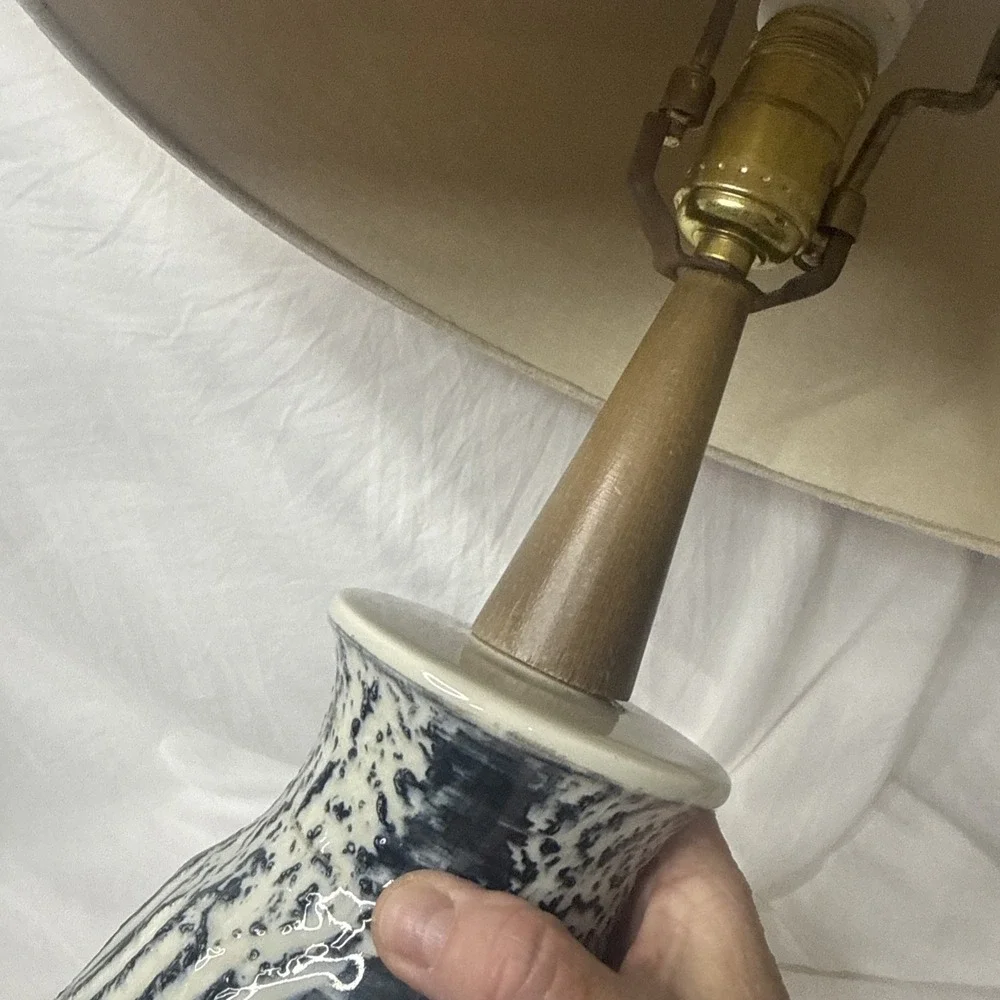 VTG MCM Pottery Lamp Geometric Textured Blue Black White Groovy Design Wood Neck